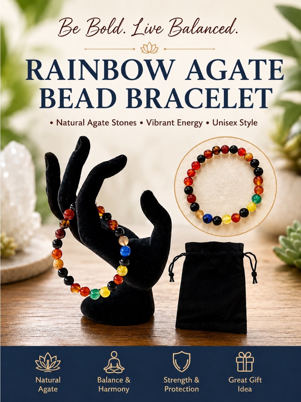 Rainbow Agate Bead Bracelet | Natural Gemstone Bracelet | Unisex Boho Jewelry